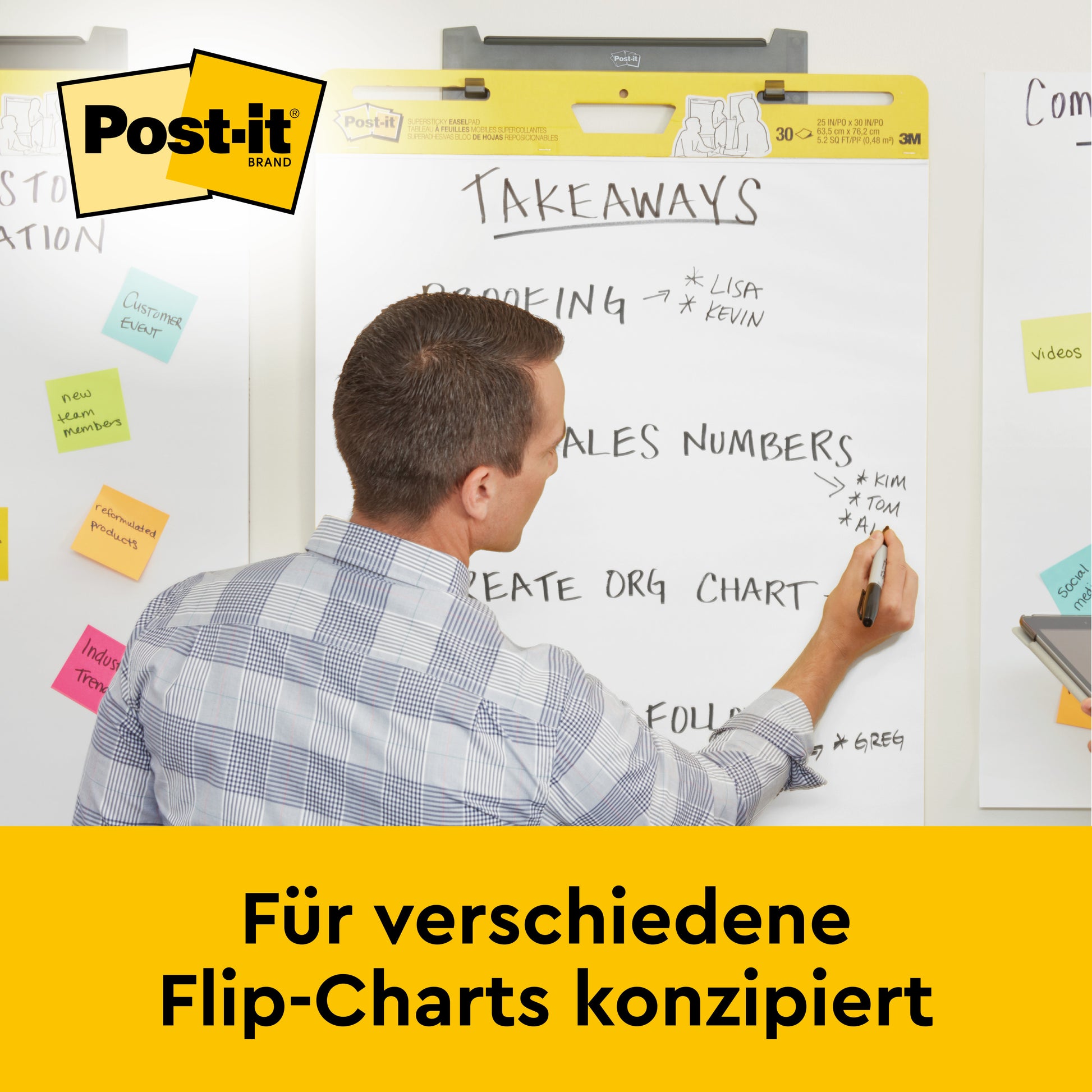 Ein Mann schreibt Verkaufsdaten und Organigramme auf ein Post-it® Super Sticky Meeting Chart/Flipchart 566 (58,4x50,8 cm, 20 Blatt, weiß) von 3M Deutschland GmbH - ideal für verschiedene Flipcharts und Wandmontage, inkl. Command™-Streifen.
