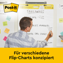 Ein Mann im karierten Hemd schreibt auf ein Post-it® Super Sticky selbsthaftendes Meeting Chart/Flipchart für Wand-Montage (58,4 x 50,8 cm, 20 Blatt, 2 Blöcke) von 3M Deutschland GmbH, umgeben von Haftnotizen und Karten.
