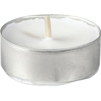 Duni GmbH's Ø38mm tea lights are white candles in silver cups, ideal for festive events and buffets. Each package contains 50 candles, and each candle burns for 4 hours, providing a long-lasting and elegant glow.