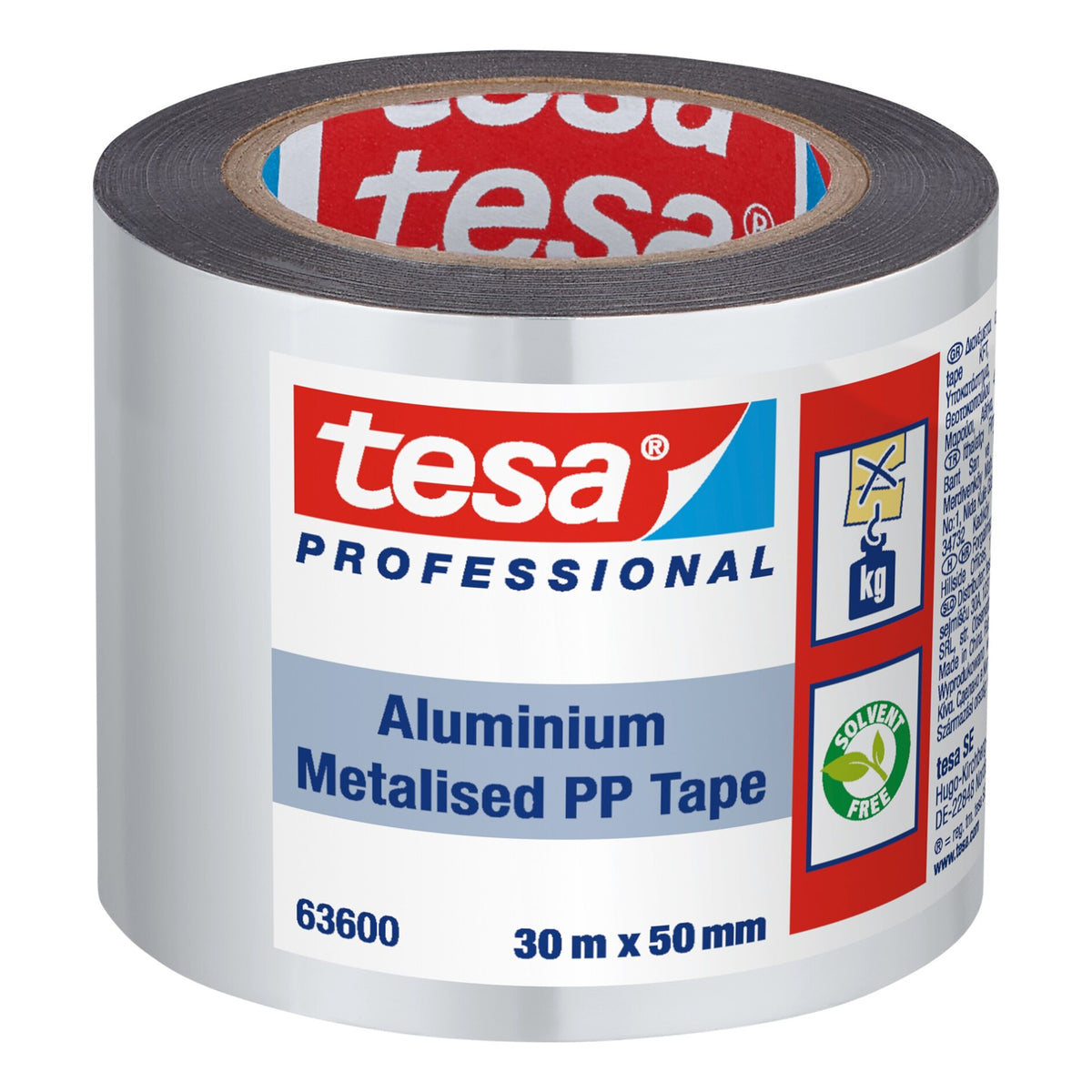 Cinta adhesiva tesa 63600 de PP con recubrimiento de aluminio, 30 m x 50 mm, color blanco aluminio, núcleo pequeño