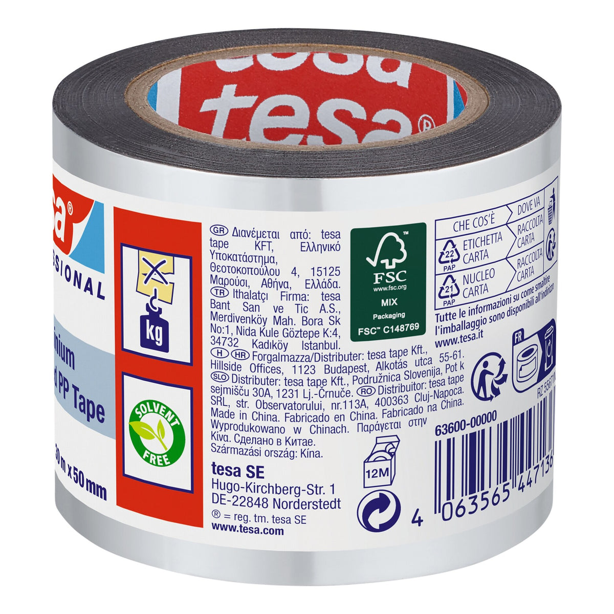 Cinta adhesiva tesa 63600 de PP con recubrimiento de aluminio, 30 m x 50 mm, color blanco aluminio, núcleo pequeño