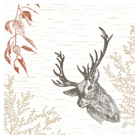 A deer with large antlers, similar to the Duni Bio Dunisoft® 40 x 40 cm Wood & Deer napkin from Duni GmbH, is depicted against a neutral background. Stylized brown and orange leaves enhance the design of this eco-friendly disposable napkin, giving it a decorative motif that evokes nature.