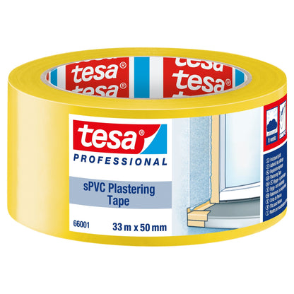 tesa Professional 66001 Cinta para enlucido de sPVC lisa, amarilla, 33 m x 50 mm