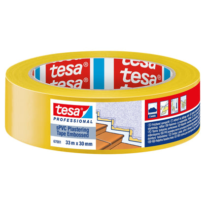 tesa Professional 67001: cinta para enlucido de sPVC con ranuras transversales, amarilla, 33 m x 30 mm
