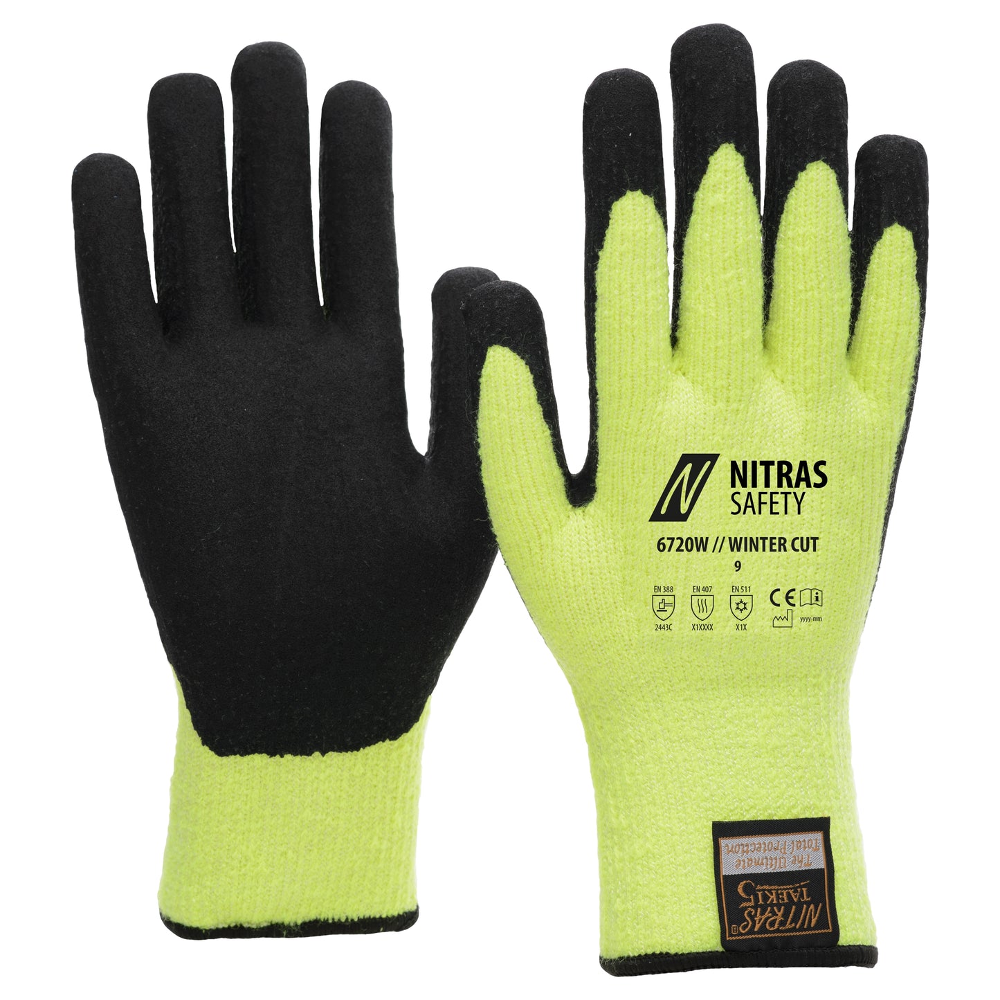 NITRAS TAEKI WINTER CUT, guantes de protección contra cortes, amarillo neón / negro