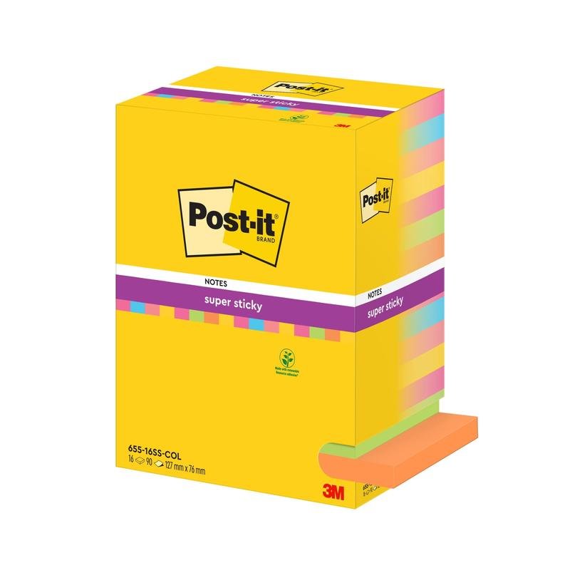 A pack of Post-it® Super Sticky Notes from 3M Deutschland GmbH, various colors, 76x127mm, 90 sheets/block, 16 blocks/pack, 100% PEFC. The packaging shows the Post-it logo and product information.