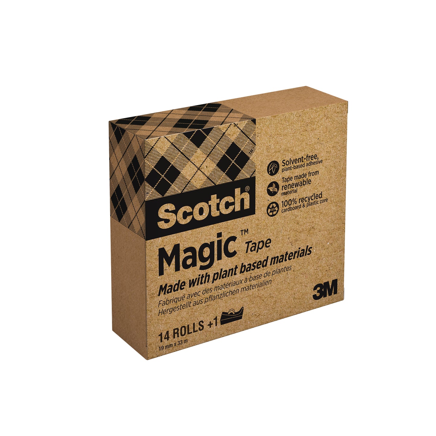 Das Scotch® Magic™ Klebeband (3M Deutschland GmbH), 19 mm x 33 m, besteht zu 66 % aus pflanzlichem Klebstoff. Die Packung enthält 14 Rollen plus GRATIS C38 Abroller in Schwarz - mit brauner recyclingfähiger Verpackung.