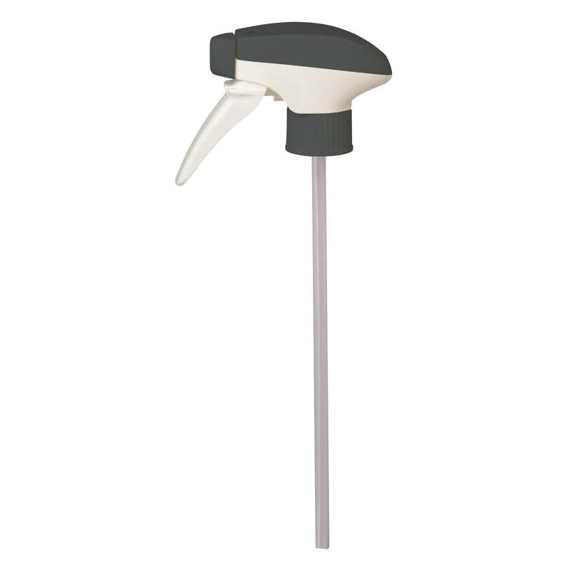 Der Room Care R4 Ersatzsprayer von Diversey Deutschland GmbH & Co. OHG, für R4 Möbelpflege, hat eine schwarz-weiße Düse mit einem langen, klaren Rohr. Verkauft als Karton (5 Packungen), abgebildet auf einfarbig weißem Hintergrund.