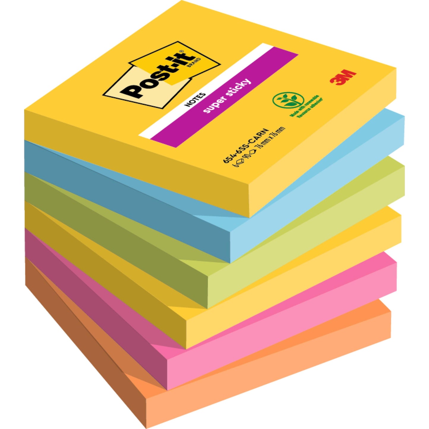 Ein Stapel von sieben Post-it® Super Sticky Notes, 76 mm x 76 mm, 90 Blatt/Block, in verschiedenen Farben, wobei der obere gelbe Block das Post-it- und das 3M-Logo zeigt. Hergestellt von 3M Deutschland GmbH, 100% PEFC-zertifiziert.