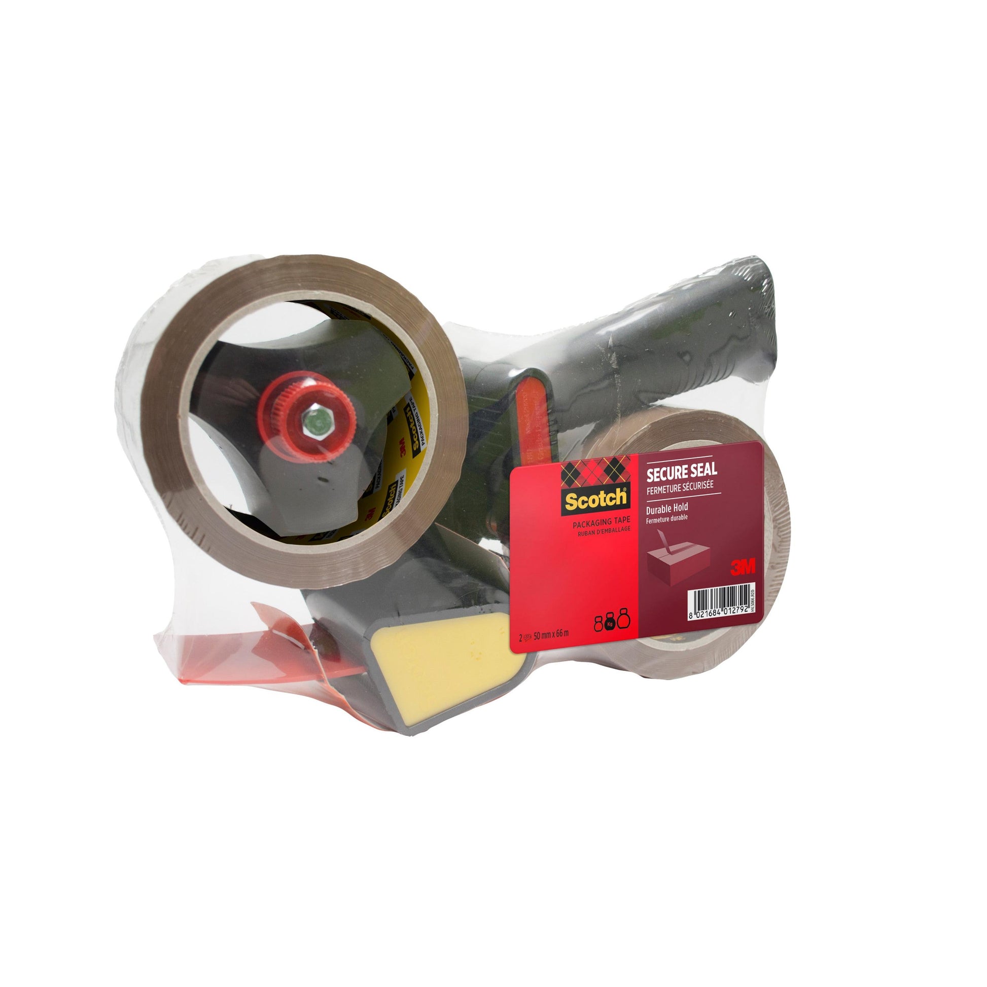 Eine durchsichtige Verpackung mit rotem Pistolenabroller und zwei Rollen braunem Scotch®-Verpackungsband (50mm x 66m) von 3M Deutschland GmbH, zum sicheren Verschließen; Set enthält 1 Abroller und 2 Rollen pro Packung.