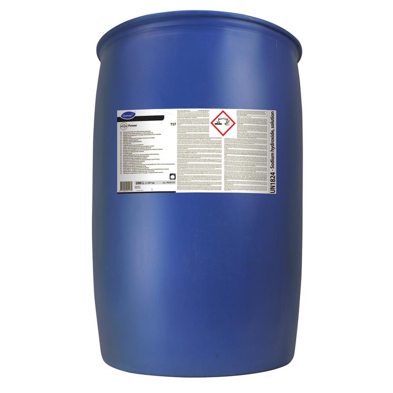 A large blue industrial barrel from Diversey Deutschland GmbH & Co. OHG with a warning label contains Suma Power T57 Alkali Booster for machine dishwashing systems, a strong cleaning agent for professional kitchen dishwashing systems.