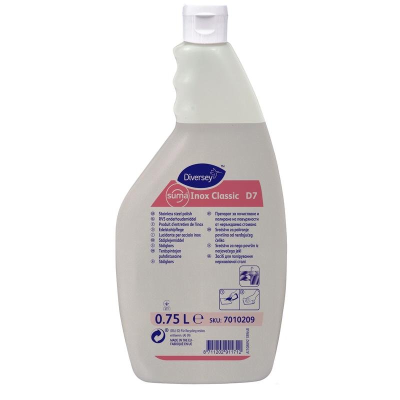 The 750 ml bottle of Suma Inox Classic D7 stainless steel care (oily) from Diversey Deutschland GmbH & Co. OHG provides brilliant shine and corrosion protection for stainless steel, with a label containing instructions, usage symbols, and a white cap.