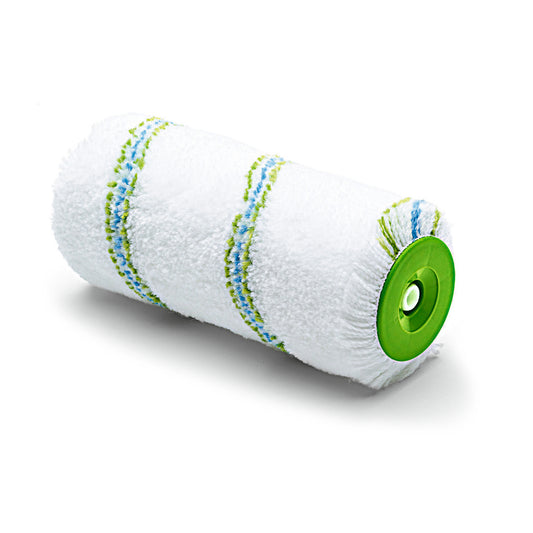 Die Nölle Profi Brush Meisterflor Jumbowalze Ø 55 mm von Nölle Profi Brush Bürsten- & Pinseltechnik e.K. mit grün/blauen Streifen und grünem Kern ist auf Weiß abgebildet - perfekt für Wandfarben und professionelle Maler.