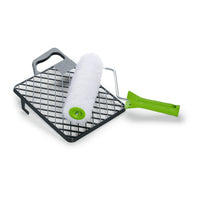 A paint roller with a green handle and a metal mesh from the Nölle Profi Brush Bürsten- & Pinseltechnik e.K. DIY Vestan paint roller set, with a 20 mm pile height, is the perfect professional tool for painting smooth walls and surfaces.