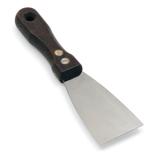 Die Nölle Profi Brush Profi-Malerspachtel Edelstahl-Rostfrei von Nölle Profi Brush Bürsten- & Pinseltechnik e.K. hat eine breite, flache Klinge aus rostfreiem Stahl und einen dunklen Holzgriff mit zwei Metallnieten, abgebildet auf weißem Grund.