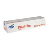 A rectangular white cardboard box labeled "Duni GmbH Transparent PVC Cling Film 300 m" in blue and red lettering, ideal for keeping food fresh. The 45 cm wide roll comes in packaging with a perforated edge for easy removal.