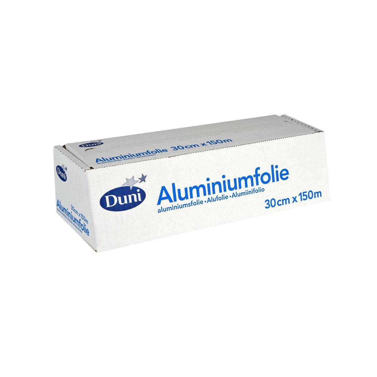 Ein rechteckiger silberner Aluminiumfolie Abrollkarton der Duni GmbH, blau beschriftet mit "Aluminiumfolie", 30 cm x 150 m, ideal für hitzebeständige Lebensmittelverpackung.