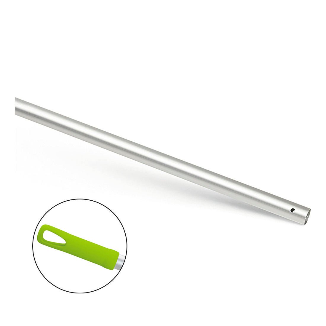 The Nölle Profi Brush Aluminum Mop Handle 140 cm, Ø 24 mm with cross hole (1 piece) from Nölle Profi Brush Bürsten- & Pinseltechnik e.K. features a metal rod with a cross hole and a green plastic handle with a hanging opening.
