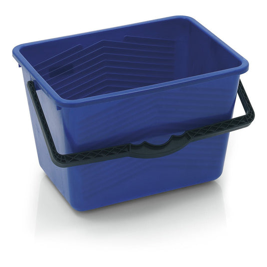 The Nölle Profi Brush 14-liter paint bucket from Nölle Profi Brush Bürsten- & Pinseltechnik e.K. is a rectangular, blue bucket with a black handle and grooves on the sides—ideal for painting and renovation projects.
