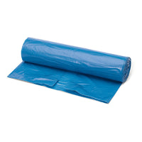 A partially unrolled Nölle Profi Brush Standard trash bag, 120 liters, 40 my, blue, from Nölle Profi Brush Bürsten- & Pinseltechnik e.K., rests on a white surface.