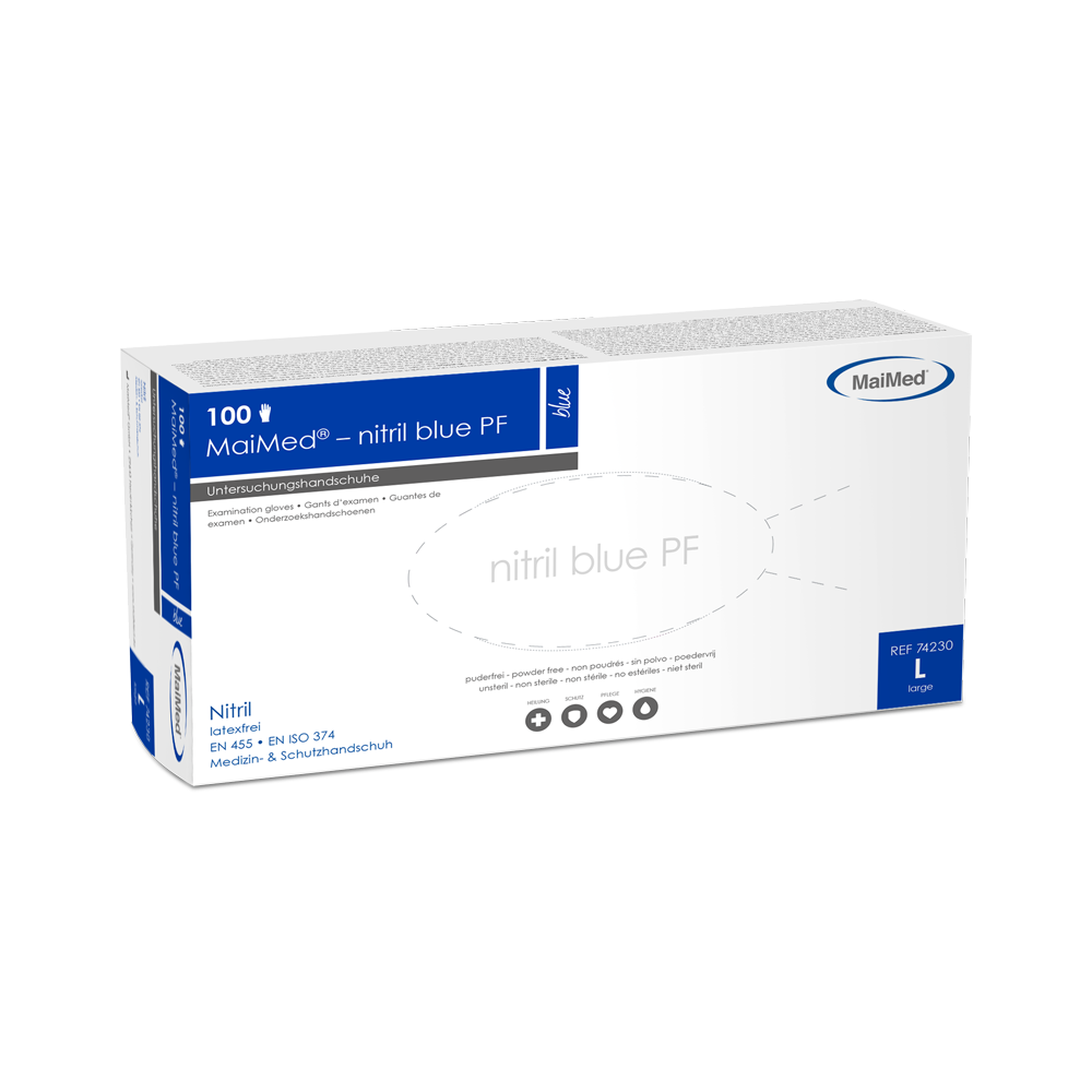 MaiMed-azul de nitrilo PF Blue, no estéril, en polvo. Guantes sin látex 100 piezas/caja
