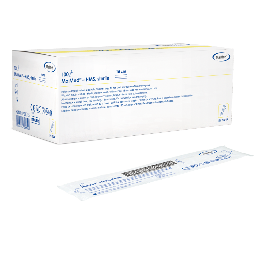 MaiMed - Depresor bucal de madera estéril HMS, 15 cm de largo, 100x1 uds. envasados ​​esterilizados | Caja (100 piezas)