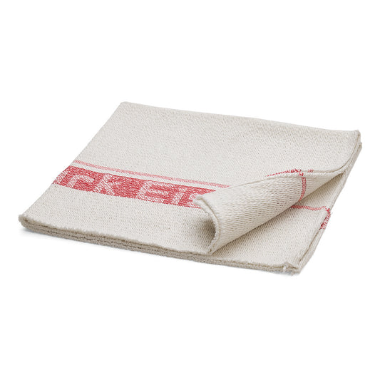 Ein Nölle Profi-Bürstenaufnehmer, 70x60 cm, aus Baumwoll-Synthetik-Mix mit roter Zierstreife am Rand liegt gefaltet auf weißem Untergrund. Eine Ecke ist leicht angehoben und zeigt die Unterseite.