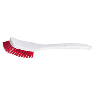 The Universal Brush - Medium Bristle (295 x 40 x 55 mm, 2 pieces) from Diversey Deutschland GmbH & Co. OHG is a white plastic dish brush with a curved handle and dense red bristles, ideal for cleaning all surfaces. Pictured against a plain white background.