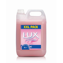 Ein 5-Liter-Kunststoffbehälter mit rosa LUX Pro Formular Hand-Wash Seife von Diversey Deutschland GmbH & Co. OHG, mit Griff und Schraubverschluss oben links, auf weißem Hintergrund.