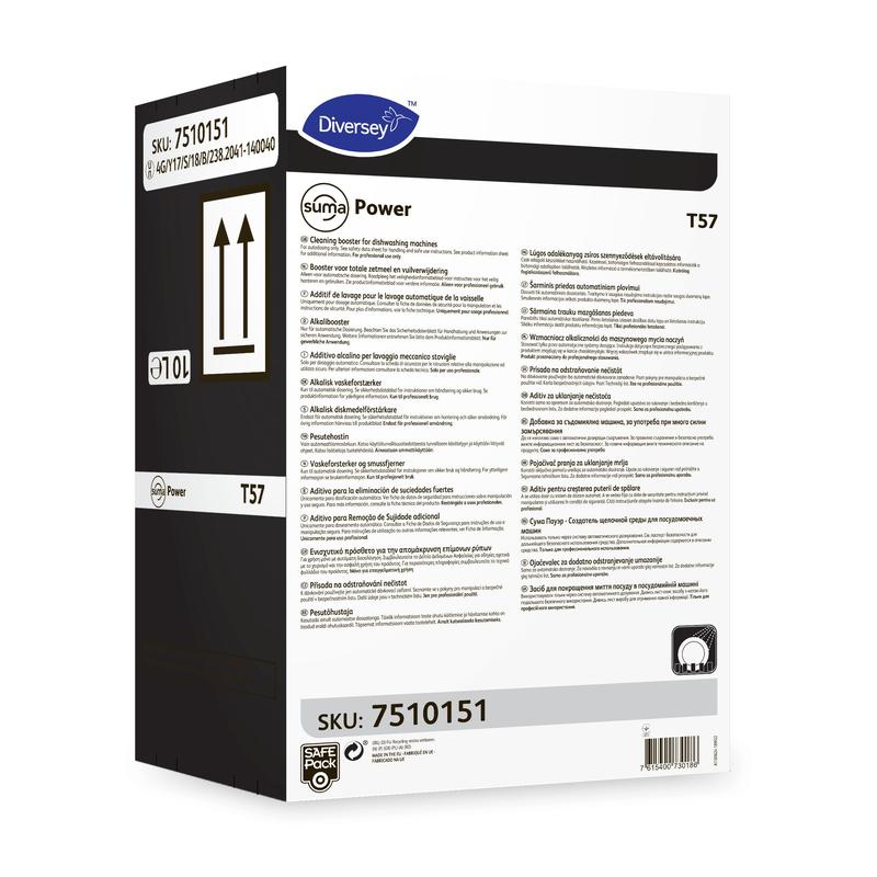 A white box of Suma Power T57 Alkali Booster for machine dishwashing systems from Diversey Deutschland GmbH & Co. OHG, with multilingual instructions, black side section, and SKU 7510151 on two labels.