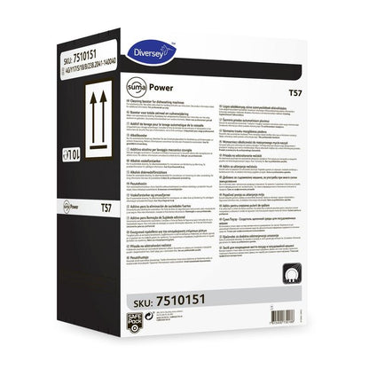 A white box of Suma Power T57 Alkali Booster for machine dishwashing systems from Diversey Deutschland GmbH & Co. OHG, with multilingual instructions, black side section, and SKU 7510151 on two labels.