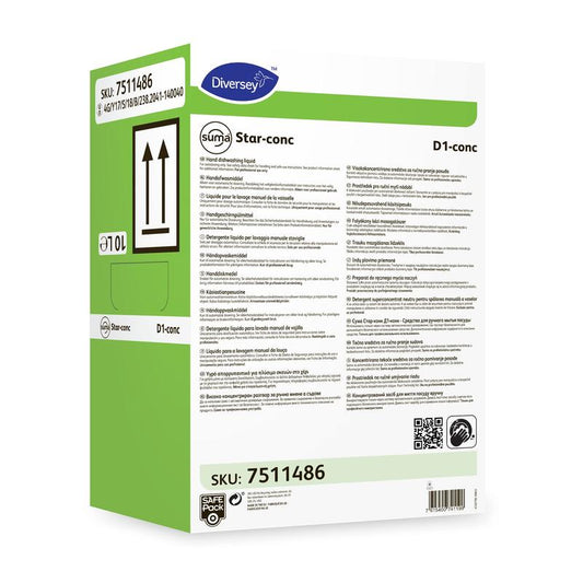 Eine grün-weiße rechteckige Dose mit der Aufschrift "Suma Star-conc D1 conc, hochkonzentriertes Handgeschirrspülmittel" (10 l) der Diversey Deutschland GmbH & Co. OHG mit schwarzem Text, Symbolen und Barcodes für eine effektive Reinigung.