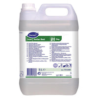 A 5-liter plastic container of Diversey Deutschland GmbH & Co. OHG's TASKI Jontec Best Oil and Grease Remover for commercial use, featuring a white label with product details and instructions for use, and a handle on top for easy carrying.