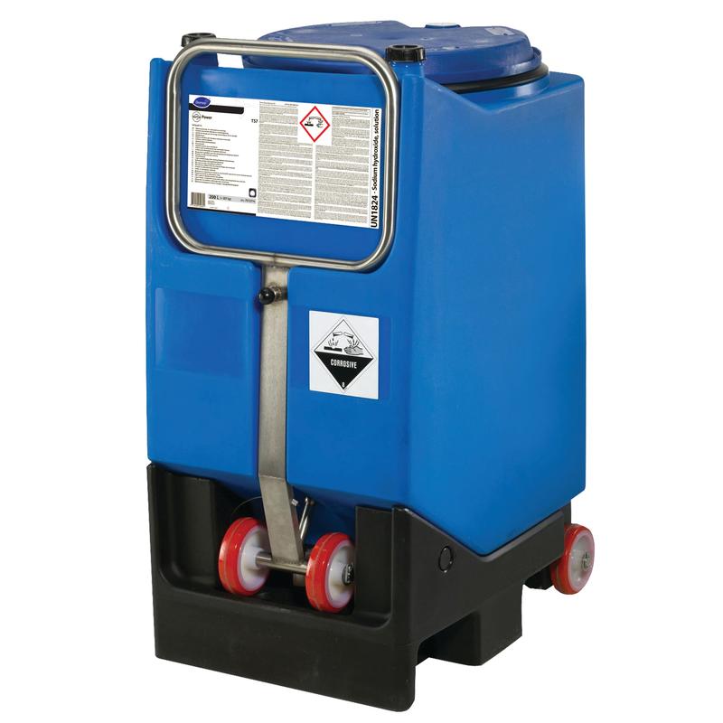 A large blue plastic container with a metal handle and wheels from Diversey Deutschland GmbH & Co. OHG with the inscription “Suma Power T57 Alkali Booster for machine dishwashing systems” and warning and information labels on the front.