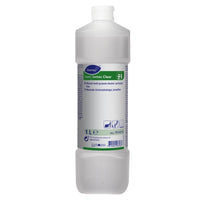 A 1-liter bottle made of clear plastic containing TASKI Jontec Clear cleaner for hard surfaces, manufactured by Diversey Deutschland GmbH & Co. OHG, with a white cap and a white, blue, and green label featuring product information and usage symbols.