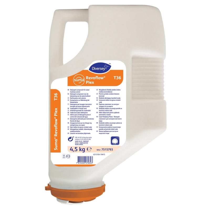 Un cartucho de ablandador de agua Suma Revoflow Plex T36 de 4,5 kg de Diversey Deutschland GmbH & Co. OHG, con etiqueta y tapa de color naranja, muestra información del producto y marca verticalmente en el lado visible.