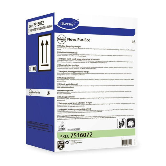 Eine Schachtel Suma Nova Pur-Eco L6 Geschirrreiniger, flüssig, von Diversey Deutschland GmbH & Co. OHG für gewerbliche Geschirrspüler mit auf der Verpackung aufgedruckten Produktinformationen, Anweisungen, Symbolen und SKU 7516072.