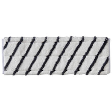 Der TASKI MicroEasy Scouring Mop von Diversey Deutschland GmbH & Co. OHG ist ein rechteckiges weißes Pad mit diagonalen schwarzen Streifen, ideal zur Fliesenreinigung und Entfernung stark haftender Verschmutzungen. Karton mit 5 Packungen.