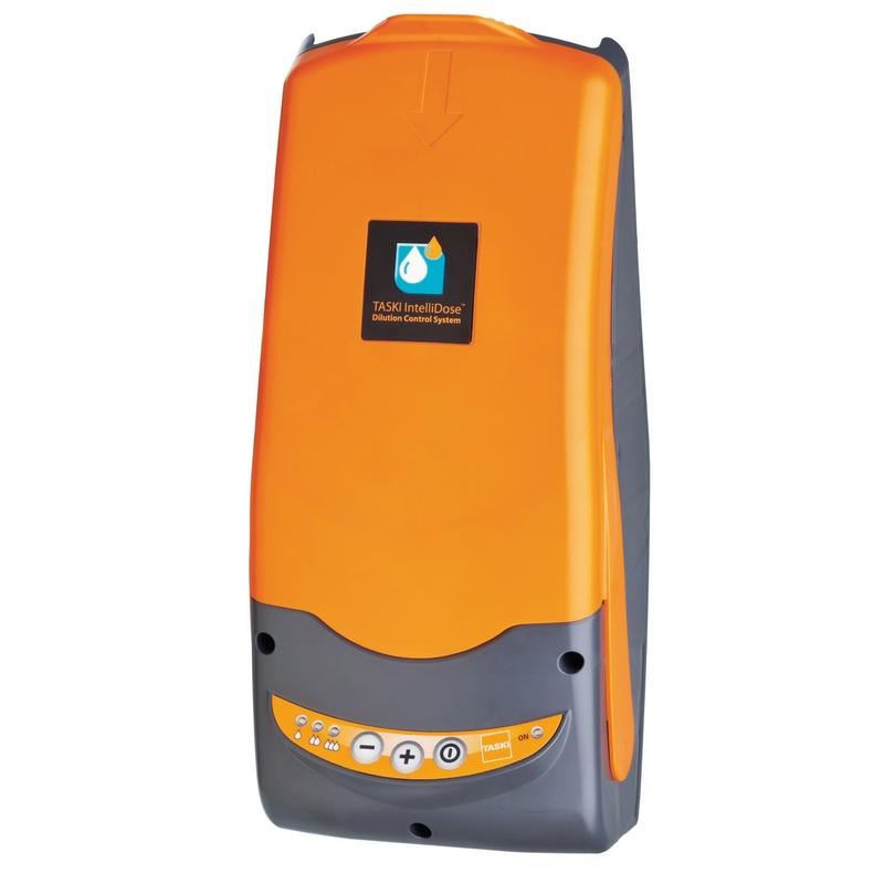 An orange-gray wall dispenser labeled "TASKI IntelliDose swingo XP" by Diversey Deutschland GmbH & Co. OHG, designed for the precise dosing of cleaning agents in ride-on scrubber dryers, features buttons and display symbols on the lower front panel.