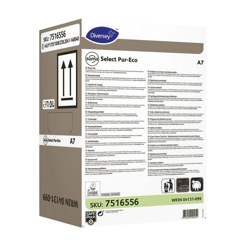 Una caja del Suma Select Pur-Eco A7 Klarspüler de Diversey Deutschland GmbH & Co. OHG tiene información del producto, instrucciones, código de barras, símbolo de reciclaje y un indicador de volumen de 10 litros en el empaque para una limpieza efectiva.