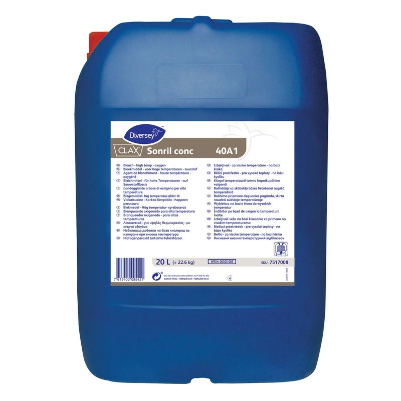 Un gran contenedor de plástico azul de 20L "Clax Sonril conc40A1 Blanqueador de oxígeno" de Diversey Deutschland GmbH & Co. OHG, con instrucciones de uso y seguridad - ideal como blanqueador de oxígeno para ropa blanca radiante y manchas difíciles.