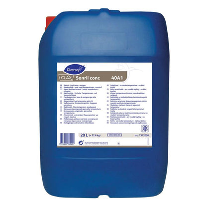 Un gran contenedor de plástico azul de 20L "Clax Sonril conc40A1 Blanqueador de oxígeno" de Diversey Deutschland GmbH & Co. OHG, con instrucciones de uso y seguridad - ideal como blanqueador de oxígeno para ropa blanca radiante y manchas difíciles.