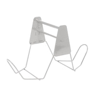 A minimalist stand made of silver metal wire with angled arms and a flat back, perfect for keeping the TASKI wet mop holder from Diversey Germany upright during cleaning when used with 15-liter buckets (7517292/7517293) and the wringer (7517291).