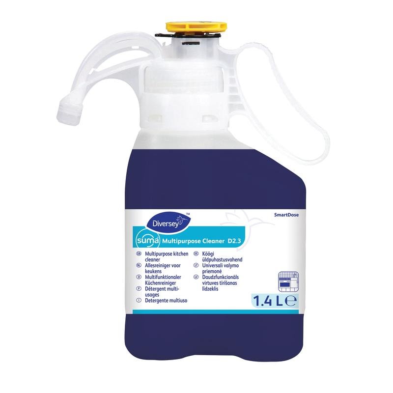 Diversey Suma Multi-Purpose Cleaner D2.3 SD, 1.4L, with SmartDose System for effective cleaning of surfaces, floors, glass, and dishes; white/blue label, white handle, yellow cap. Brand: Diversey Deutschland GmbH & Co. OHG.