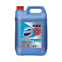 A blue 5-liter plastic canister of DOMESTOS Professional Ocean Fresh All-Purpose Cleaner with Active Oxygen by Diversey Germany, featuring a red lid and handle, is labeled with multilingual cleaning instructions and branding.