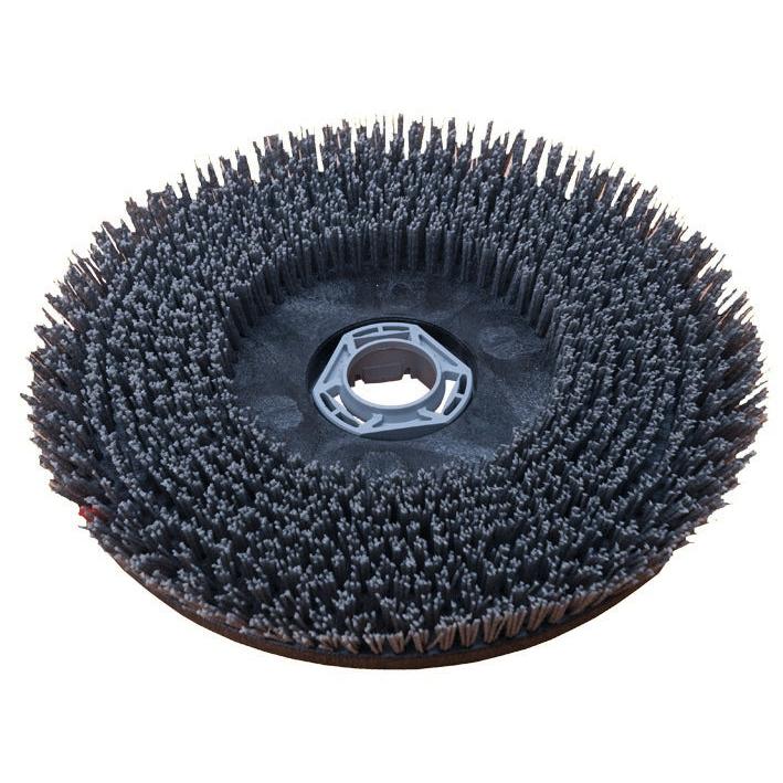 A round, black Diversey abrasive scrubbing brush (43 cm) with stiff bristles and a plastic holder, designed for swingo 1850 & 4000 floor cleaning machines. Package: 1 piece. Brand: Diversey Deutschland GmbH & Co. OHG.