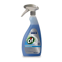A 750 ml refillable spray bottle of Cif Professional Glass and All-Purpose Cleaner by Diversey Deutschland GmbH & Co. OHG, containing blue liquid, with a gray and white spray nozzle and a label promising streak-free cleanliness.