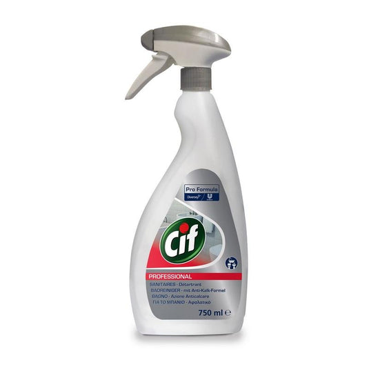 A 750 ml white spray bottle of Cif Professional Bathroom Cleaner by Diversey Deutschland GmbH & Co. OHG, with a gray nozzle and label, featuring 2-in-1 cleaning and descaling for effective removal of limescale and bathroom grime.