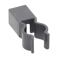 The TASKI bag holder from Diversey Deutschland GmbH & Co. OHG is a gray plastic clip with a rectangular base and a U-shaped opening, designed to be mounted on aluminum profiles in waste management systems and featuring gentle curves to hold cylindrical objects.