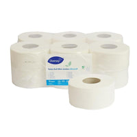 A package containing 12 white, 2-ply Ultrasoft Mini Jumbo toilet paper rolls (145 m/roll), eco-certified, from Diversey Deutschland GmbH & Co. OHG. The package displays product information; one roll is shown in the foreground.